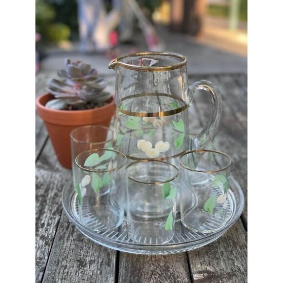 Vintage Handblown Glass Serving Set Jug & 6 Glass Hand Painted with Tray Gold Ri - Picture 1 of 10